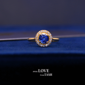 18K Gold Blue Sapphire Halo Ring with Diamonds